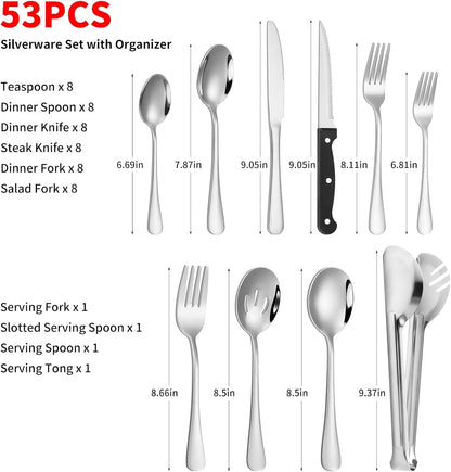 53PCS Silverware Set for 8 with Flatware Drawer Organizer, Stainless Steel Cutlery Set with Steak Knives, Include Spoons and Forks Set & Serving Utensils, Mirror Polished, Dishwasher Safe4