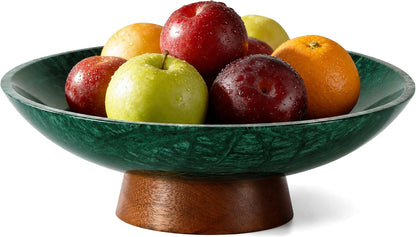 Marble Decorative Bowl, 11” Large Centerpiece for Table, Fruit Bowl for Kitchen Counter, Coffee Table or Entryway Decor, Natural Marble with Wood Base, Unique Home Gift - Green1