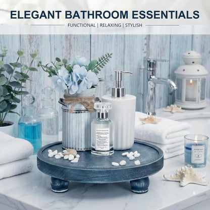 round Wood Riser for Kitchen Counter, Bathroom Decorative Tray, Blue | 10"Display Stand, Non-Slip Mat, Ideal Soap Holder, Vanity Organizer, Blue Bathroom Decor, Blue Bathroom Accessories2