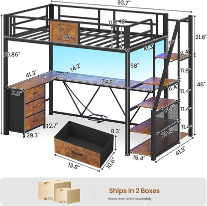 Stairway Twin Size Loft Bed with L Shaped Desk and Wardrobe, Metal Loft Bed Frame with Storage Stairs, 3 Fabric Drawers, LED Lights & Charging Sation (Rustic Brown, Twin)2