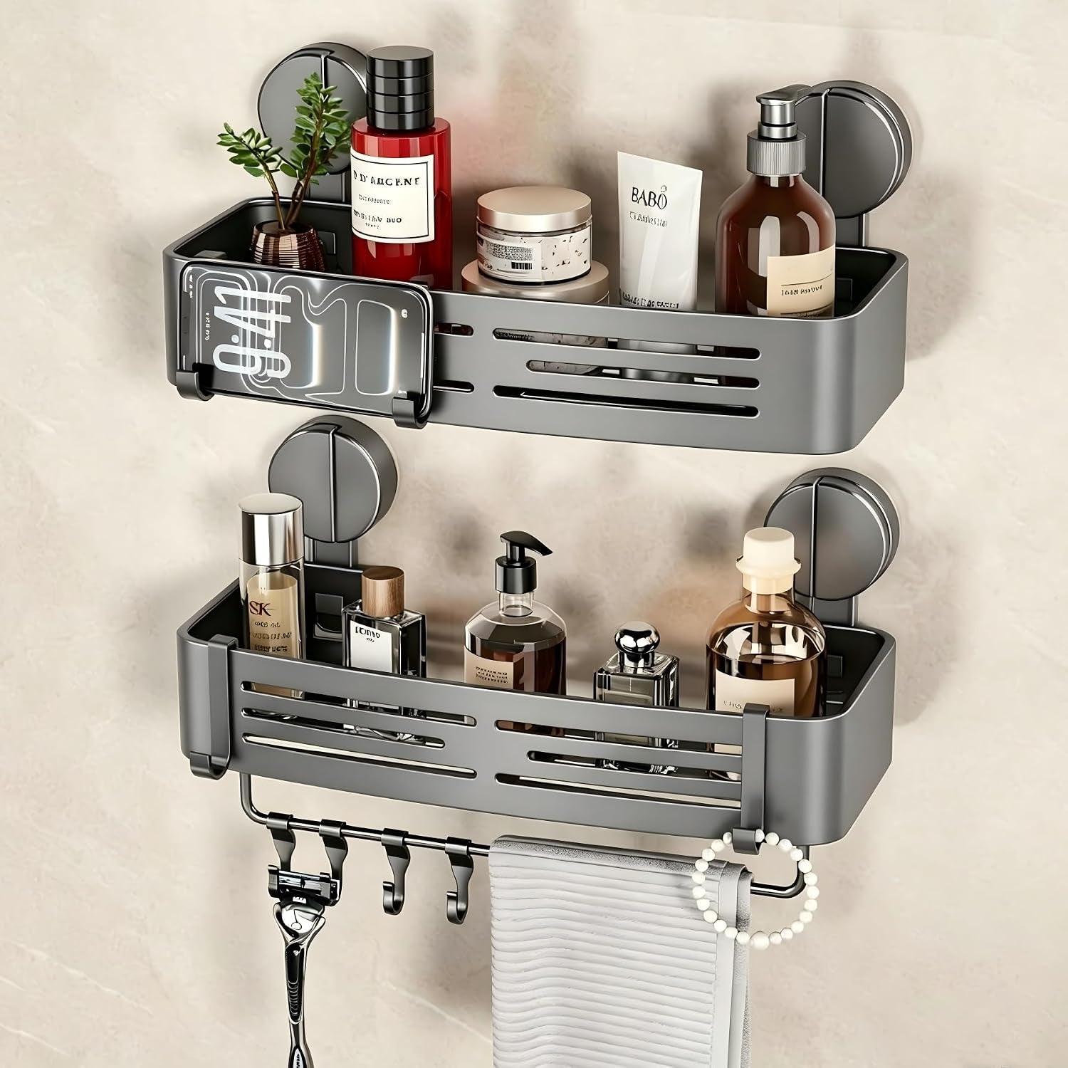 shower-caddy-suction-shower-shelf-no-drilling-shower-organizer-suction-cup-shower-storage-rack-aluminum-wall-mounted-shampoo-holder-with-towel-bar-hooks-2-pack-matte-gray