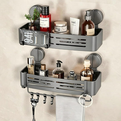 Shower Caddy Suction Shower Shelf No Drilling Shower Organizer Suction Cup Shower Storage Rack Aluminum Wall Mounted Shampoo Holder with Towel Bar Hooks (2-Pack, Matte Gray)1