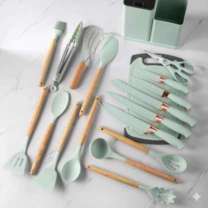 Silicone Kitchen Utensil Set, 19 Piece with Wooden Handles, Cutting Board, Storage Holder, Black Pink Gray Mint Green, Cooking Tools with Organizer (Green)2
