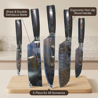 5-Piece Japanese Kitchen Knife Set, High Carbon Stainless Steel, Damascus Pattern Blades with Pakkawood Handle, Chef, Santoku, Cleaver, Paring4