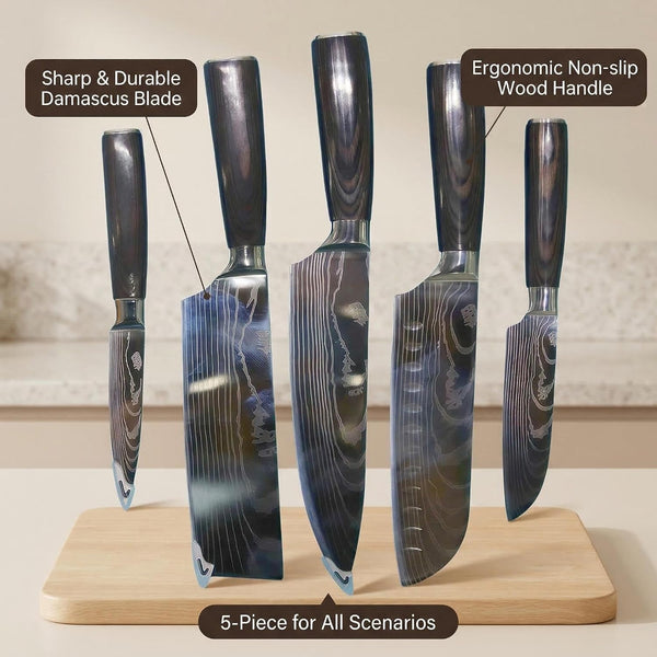 5-Piece Japanese Kitchen Knife Set, High Carbon Stainless Steel, Damascus Pattern Blades with Pakkawood Handle, Chef, Santoku, Cleaver, Paring4