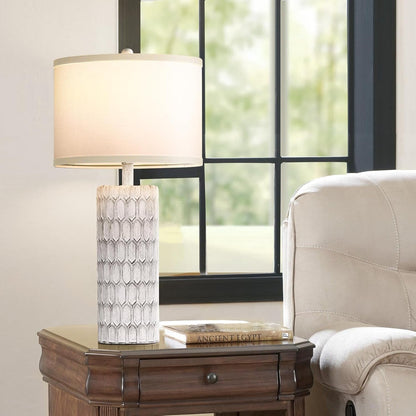 26" Modern Farmhouse Table Lamps for Living Room Set of 2, Rustic Antique Bedside Lamps for Bedroom Nightstand, Grey-White Resin Traditional Table Lamps with White Fabric Shade, Bulbs Included4