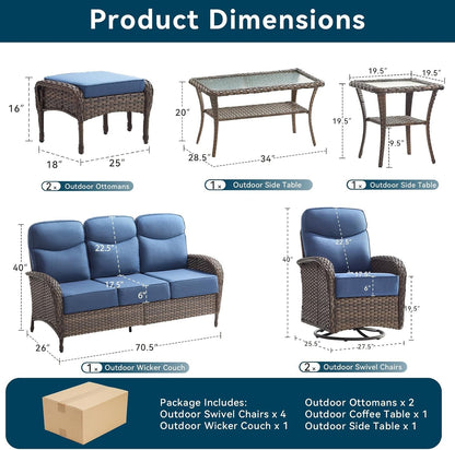 10 Pieces Luxury Outdoor Patio Furniture Set with 6-Inch Thick Cushions, Wicker Outdoor Furniture with High Back Swivel Patio Chairs Set of 4, Wicker Conversation Set for Deck Garden Porch, Blue8