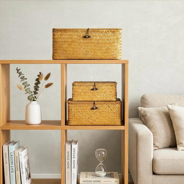 Small Shelf Baskets with Lid Set of 3, Compact Handwoven Seagrass Storage Bins Rectangular Wicker Basket for Shelf Organizer, Closet, Desktop8