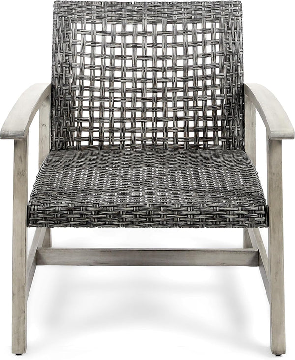 Hampton Outdoor 3 Piece Acacia Wood and Wicker Conversation Set with Club Chairs and Side Table, 28.25 "W X 31 "D X 31.5 "H, Mixed Black + Weathered Gray3