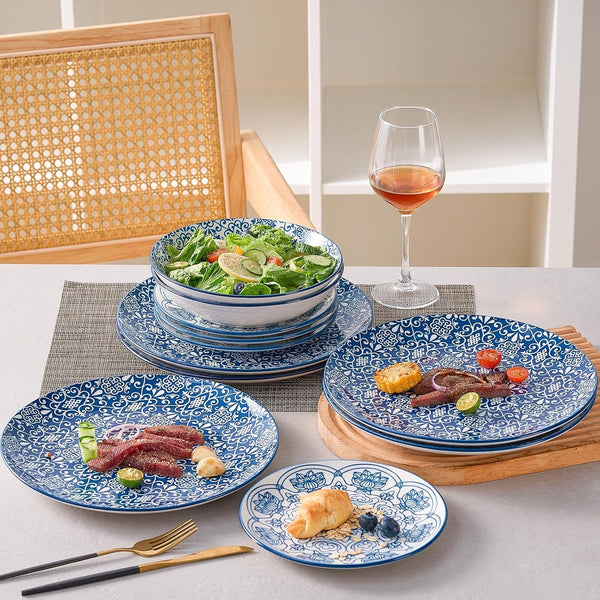 Porcelain Dinnerware Sets Service for 4, 12 Pcs Hand Drawn Plates and Bowls Sets, Handmade Ceramic Dish Set, Chip Resistant Modern Plate Set, Dishwasher/Microwave Safe，Vintage Blue7