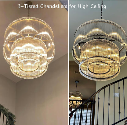 37" Modern Gold round Chandelier,2-Tier 8-Light Water Ripple Crystal Glass Chandeliers,For Dining Room,Living Room,Bedroom,High Ceiling,Foyer Entryway,Luxury Chandelier8
