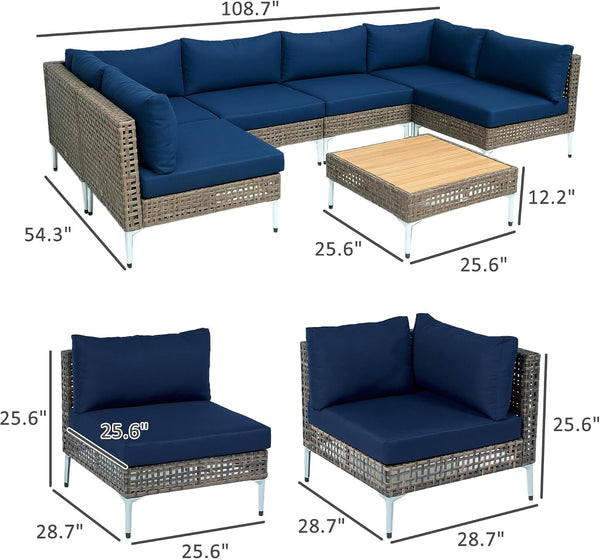 7 Piece Wicker Patio Furniture Set Modular Rattan Brown/Dark Blue2
