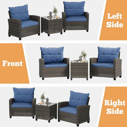 3 Pieces Patio Furniture Set 3 Pieces PE Rattan Wicker Chairs with Table Outdoor Furniture for Backyard/Garden/Poolside/Outdoor Restaurant Gary Rattan with Blue Cushion5