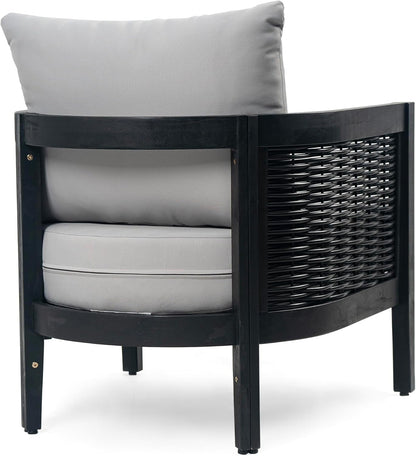 Peron Patio 4-Seater Conversation Set, Sofa/Loveseat, 2 Club Chairs, Coffee Table, Cushion+Back Pillows, Acacia Wood+Wicker, Garden, Backyard, Poolside, Black + Light Grey9