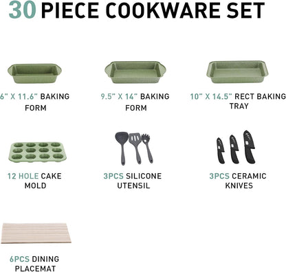 Pots and Pans Set, 30 Piece Kitchen Cookware & Bakeware Set | Green Granite Non Stick Pans Set for Cooking, 100% PFOA & PFAS Free Non-Toxic, Easy to Clean6
