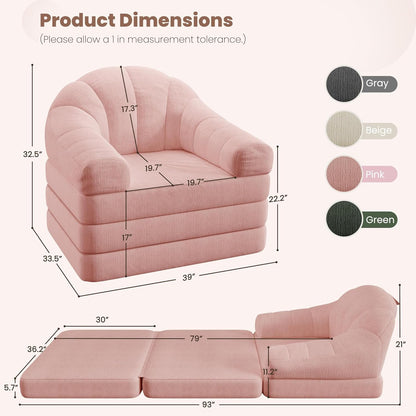 93" Folding Sofa Bed Convertible Sofa Chenille, Pink3