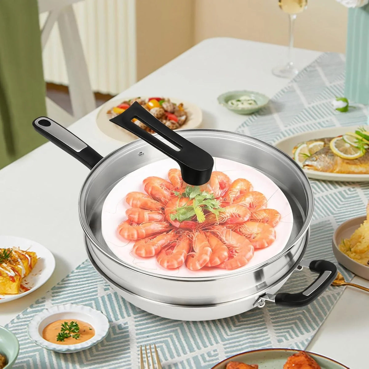 stainless-steel-wok-pan-stir-fry-wok-non-stick-frying-pan-honeycomb-skillet-with-handle-lid-for-gas-stove-induction-cooker-ceramic-stove-silver-black-13in-with-steamer-basket