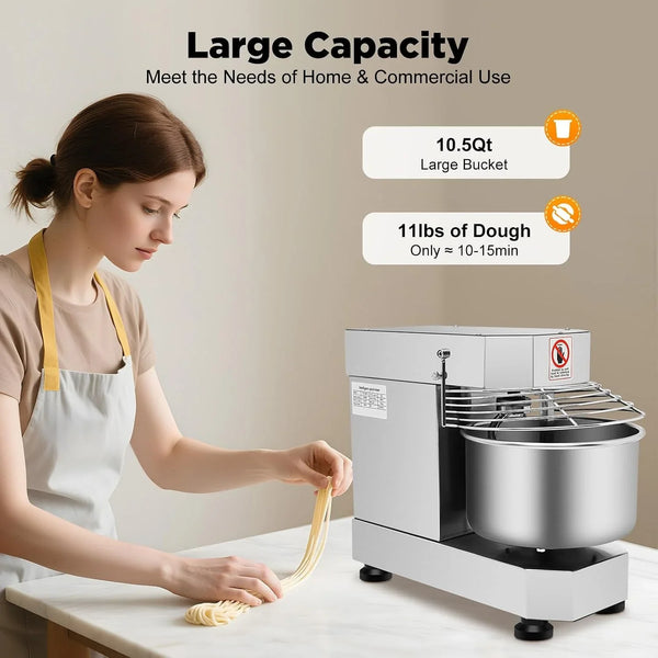 10L Commercial Dough Maker, 10L 110V 750W Stainless Steel Dough Blender | for Pizzerias and Bakeries, Spiral Dual-Rotation Mixing, 100-200R/Min Adjustable Speed, Timer Setting, Safety Guard3