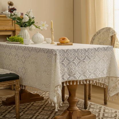 Cotton Linen Look Tablecloth Rectangle 86 Inch, Farmhouse Textured Tablecloth with Crochet Lace and Tassels, Vintage Table Cover for Dining Kitchen Wedding Party 60"X60"3