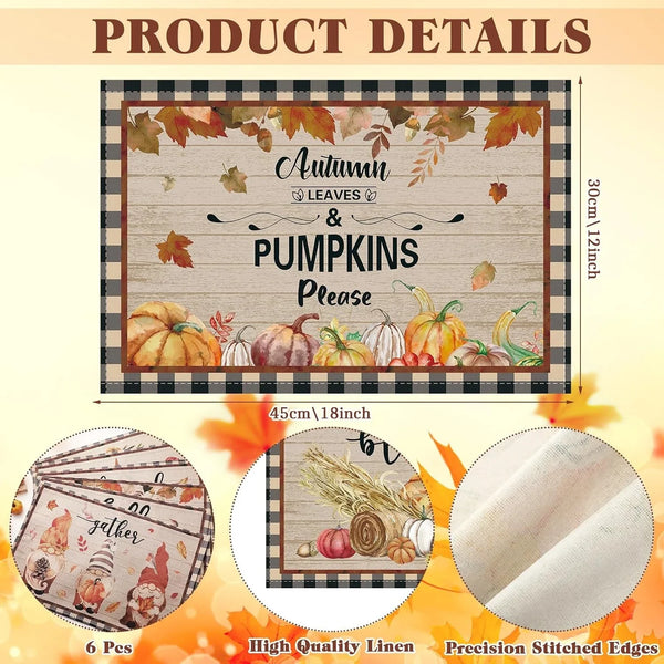 6 Pcs Rustic Fall Placemats, 12X18 Inch Harvest Table Mats2