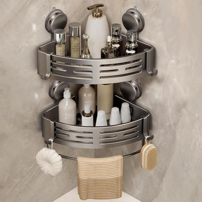 Corner Shower Caddy Suction Cup Shower Shelf Corner No Drilling Bathroom Shower Organizer Storage Rack Adhesive with Towel Bar Hooks (2-Pack,Gray)1