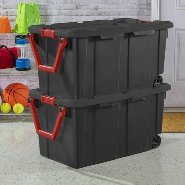 40 Gallon Wheeled Industrial Tote Plastic Black Set of 2 Plastic Storage Boxes Bins Containers Home6