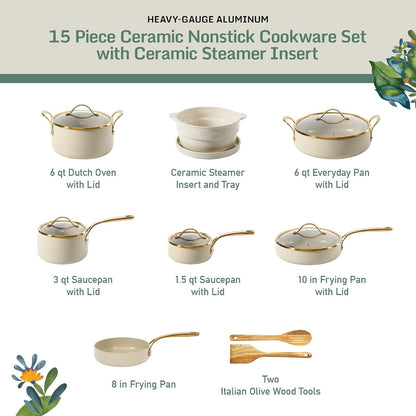 Bloomhouse 15-Piece Ceramic Nonstick Cookware Set, Two Time Oprah'S Favorite Things, Heavy-Gauge Aluminum Pots and Pans Set, PFAS & PFOA & PTFE Free Ceramic Cookware, Oven Safe to 500°F, Almond Cream3