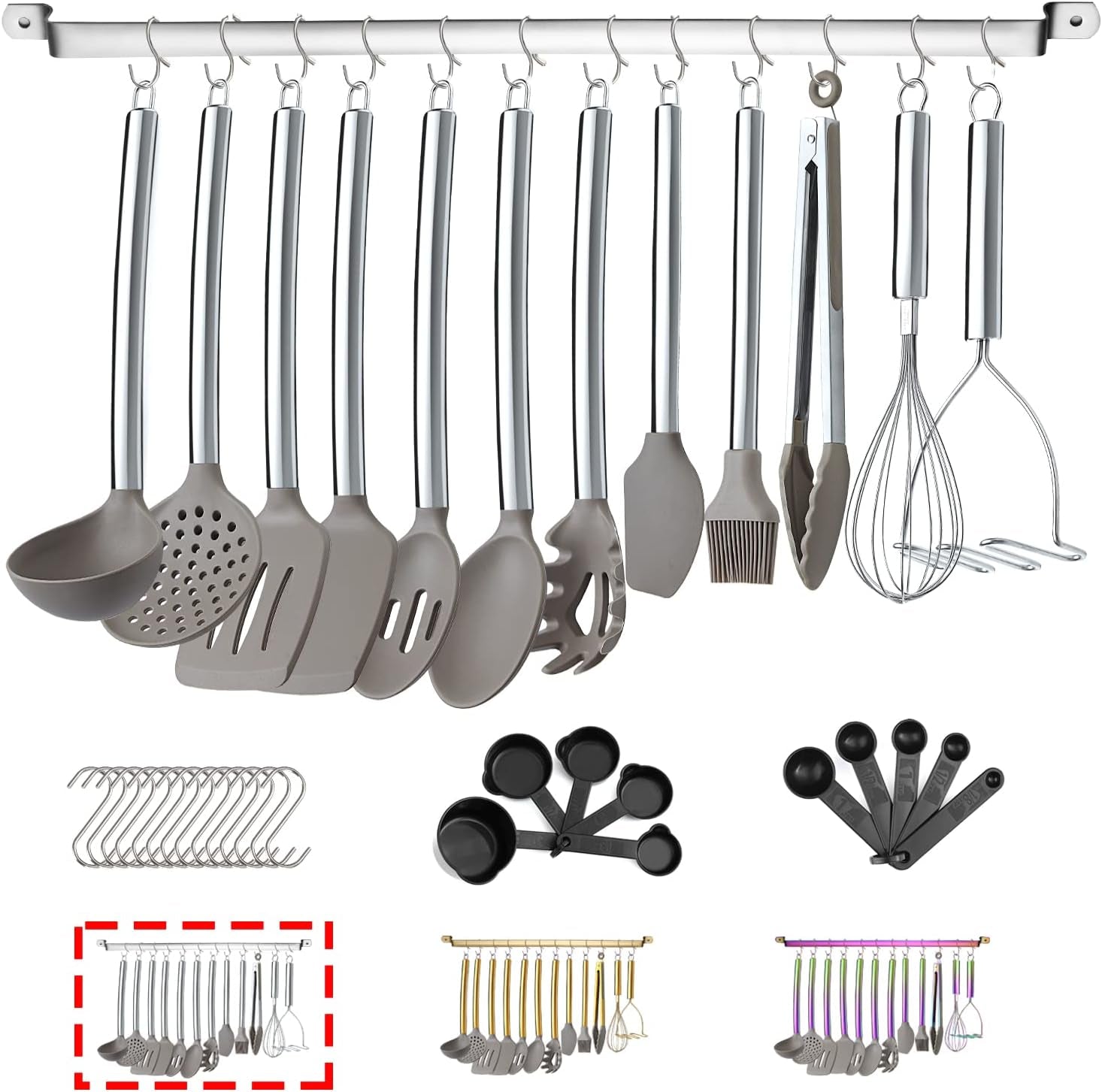 38-piece-silicone-kitchen-cooking-utensils-set-with-utensil-rack-silicone-head-and-stainless-steel-handle-cookware-kitchen-tools-for-utensil-sets-non-stick-kitchen-gadgets-dishwasher-safesilver
