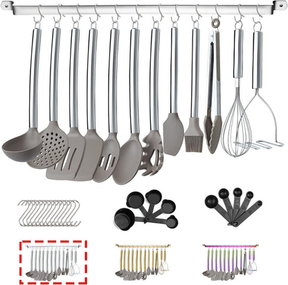 38 Piece Silicone Kitchen Cooking Utensils Set with Utensil Rack, Silicone Head and Stainless Steel Handle Cookware, Kitchen Tools for Utensil Sets, Non-Stick Kitchen Gadgets, Dishwasher Safe(Silver)1
