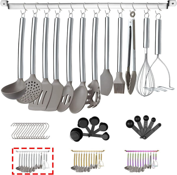 38 Piece Silicone Kitchen Cooking Utensils Set with Utensil Rack, Silicone Head and Stainless Steel Handle Cookware, Kitchen Tools for Utensil Sets, Non-Stick Kitchen Gadgets, Dishwasher Safe(Silver)1