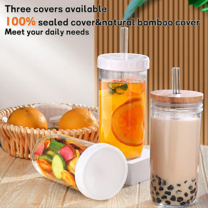 Glass Cups with Lids and Straws,24 Oz Smoothie Cup with Lid and Straw-Boba Mason Jar,Matcha Cup Wide Mouth Reusable Drinking Glasses,Iced Coffee Cups Glass,Vasos De Vidrio【4 Pack】2
