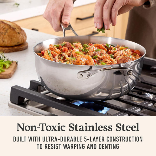Calphalon Premier Polished 5-Ply Stainless Steel Cookware Set W/Turbo Heat Tech 4.5Qt Chef'S Pan with Lid, Induction, Oven Safe 500F, PFOA Free, Polished Stainless Silver2