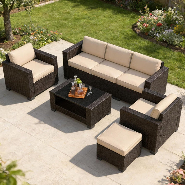 7 Piece Patio Furniture Set, Slanted Back Outdoor Sectional Sofa, Patio Conversation Sets with Cushion and Glass Table, Patio Sofa Furniture for Garden, Deck, Dark Brown Rattan & Khaki Cushions1