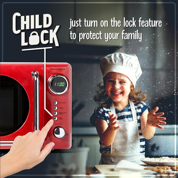 Retro Compact Countertop Microwave Oven - 0.7 Cu. Ft. - 700-Watts with LED Digital Display - Child Lock - Easy Clean Interior - Red4