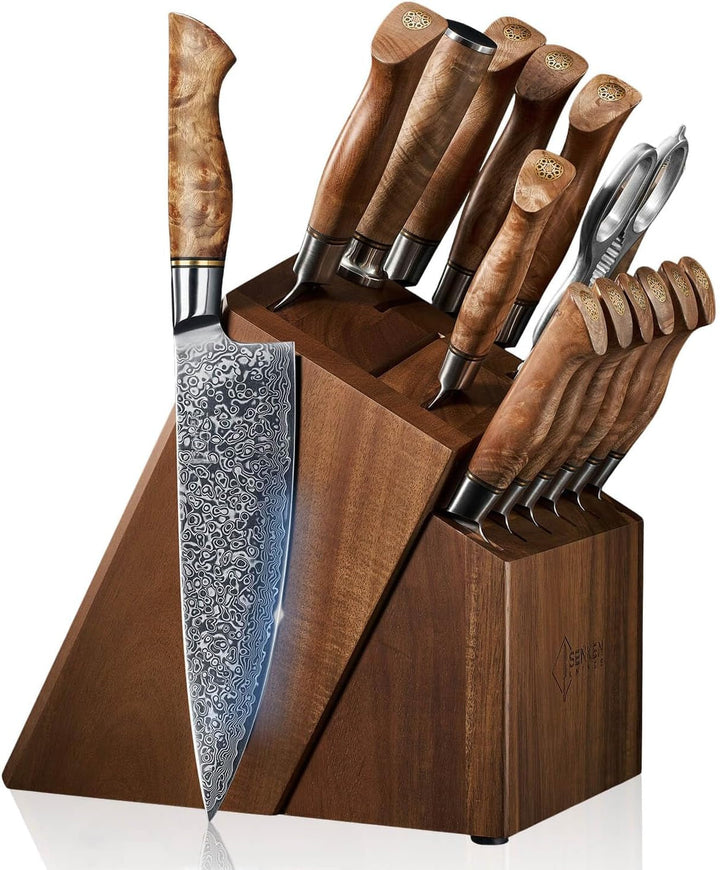 SENKEN 16-Piece Damascus Knife Block Set - the Dynasty Collection - Japanese VG10 Damascus Steel with Natural Sycamore Wood Handles, Steak Knives, Scissors, & Sharpening Rod (16-Piece Knife Block Set)