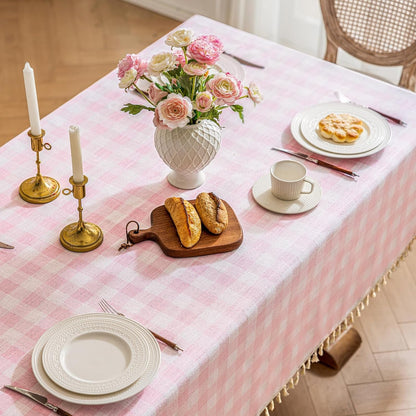 Checkered Tablecloth Rectangle Cotton Linen Gingham Table Cloth with Tassel Washable Wrinkle Free Heavy Duty Buffalo Plaid Table Cover for Dining/Party/Picnic (Pink, 55" X 55" (Square))2