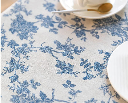 Cotton Linen round Tablecloth, Blue Floral Table Cloth round 48"2
