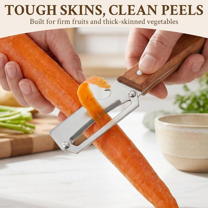 2026 Upgrade Vegetable Peeler and Julienne Peeler Set, Stainless Steel Vegetable Peelers for Kitchen with Wood Handles and Bottle Opener, 2-Pcs Multifunctional Vegetable Peeler Set4