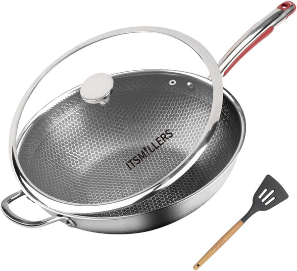 Tri-Ply Stainless Steel Wok with Lid, 13.5'' PFOA Free Nonstick Stir Fry Pan, Induction Compatible, Dishwasher and Oven Safe, Scratch-Resistant Surface1