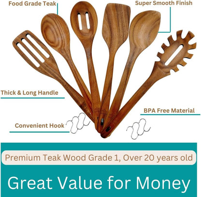 Wooden Utensils for Cooking, Premium Teak Healthy Spoons, Wooden Spoons for Cooking, Durable Eco-Friendly and Safe Teak Cooking Spoon, Cooking Gifts for Mom (Set of 6) and Hooks3