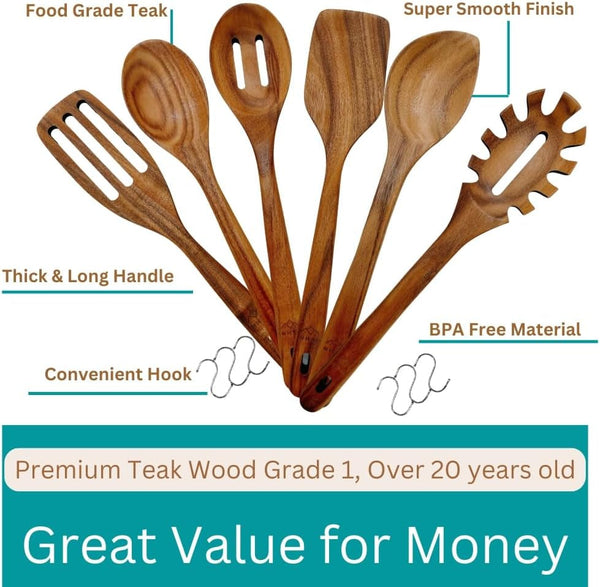 Wooden Utensils for Cooking, Premium Teak Healthy Spoons, Wooden Spoons for Cooking, Durable Eco-Friendly and Safe Teak Cooking Spoon, Cooking Gifts for Mom (Set of 6) and Hooks3