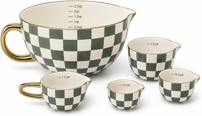 Ceramic Mixing Bowl Set with Measuring Pieces, 5-Piece Green Checkered2