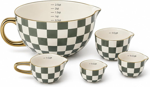 Ceramic Mixing Bowl Set with Measuring Pieces, 5-Piece Green Checkered2