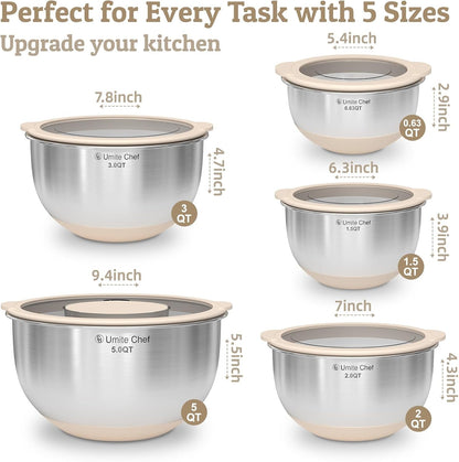 Mixing Bowles Set with Lids Set - Warp-Proof TPR-AS Lids, Stainless Steel Mixing Bowl with 3 Graters & Measuring Lines, Non-Slip Bowls for Baking, Prep, Airtight Food Storage (Khaki 5/3/2/1.5/0.63QT)6