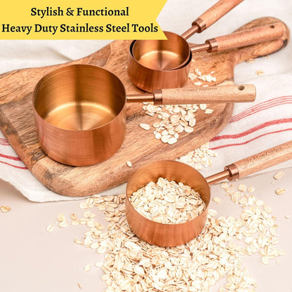 Copper Stainless Steel Measuring Cups and Spoons Set of 8, Wooden Handle with US and Metric Measurements6