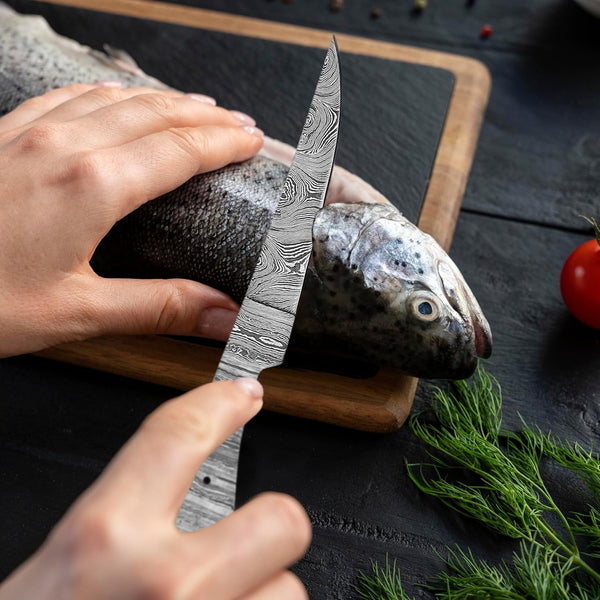Damascus Steel Fillet Knife Kit, 10 Inches Overall, Fixed Blade, DIY Knifemaking Supplies. Kitchen Knife, Fish Fillet Blank Blade, Large, Amj-Fillet-012