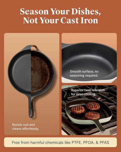 Caraway 10.5" Cast Iron Skillet and Grill Pan Duo | Enameled Cookware Set with Non-Toxic 3-Layer Enamel Coating, No Seasoning Required, Compatible with All Stovetops, Cream5