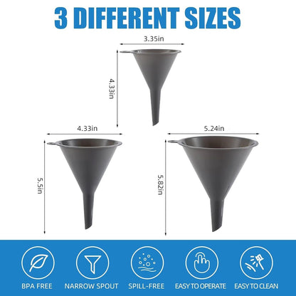 Plastic Kitchen Funnel Set of 3, round Kitchen Funnels for Filling Bottles, Durable and Multifunctional Funnels for Filling Canning, Cooking, Lab or Car Oil (Gray)2