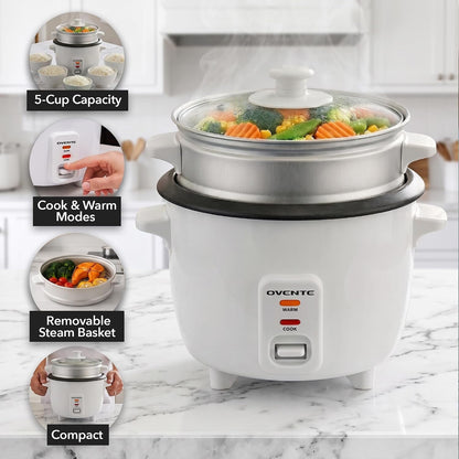 5-Cup Electric Rice Cooker and Food Steamer, White RCS01W | 400W, Nonstick Removable Pot, Keep Warm Function, Steaming Basket, Measuring Cup and Spatula Included2