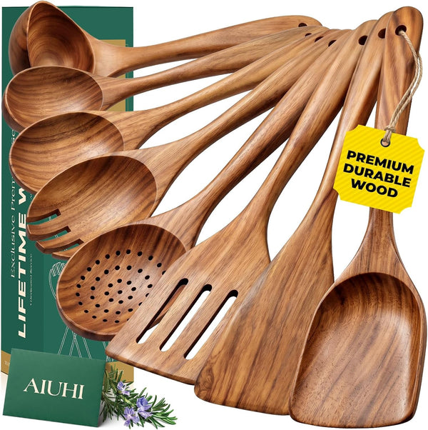 Teak Wood 8-Piece Wooden Kitchen Utensils Set, Wooden Spoons for Cooking, Smooth Wood Spatula Set for Nonstick Cookware, Daily Cooking, Housewarming Gift1